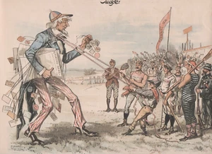 Página de revista Color Judge de la década de 1890 Tío Sam y jugador de béisbol, jockey, tirador - Imagen 1 de 3