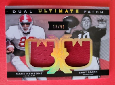 BART STARR WORN JERSEY PATCH CARD #18/50 PACKERS Ozzie Newsome ALABAMA TIDE - Image 1 of 2