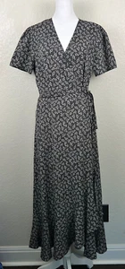 Pretty Garden Black Floral Printed Midi Wrap Dress Size Medium - Picture 1 of 7