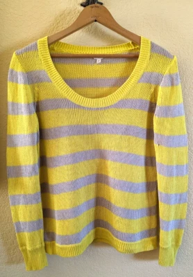 J Crew Linen Blend Scoop Neck Open Weave Knit Sweater Yellow-Violet Stripes Sz S - Image 1 of 4