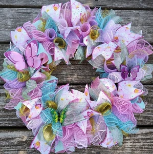 Handmade Seasonal Deco Mesh/Ribbon Wreath Summer Floral Pinks Purples Yellow 20" - Picture 1 of 3