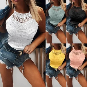Womens Lace Floral Sexy Halter Neck Cami Tops Vest Summer Sleeveless T-Shirt - Picture 1 of 22