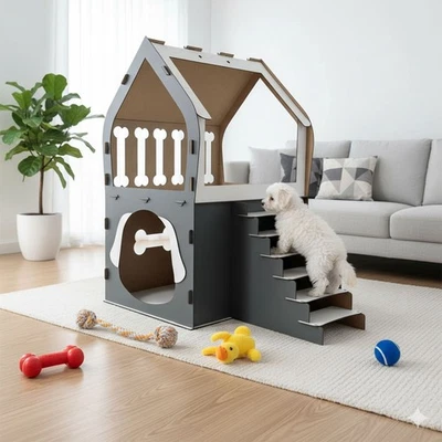 JUNGENGEL Hundehütte 3XL mit Treppe, Hundehaus für kleine Hunde Hundebett Holz Indoor NEU