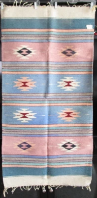 Aztec Native Woven Wool  Area Rug  62”x30” Cantina, RUSTIC, MAUVE, BLUE, STRIPE - Image 1 of 4