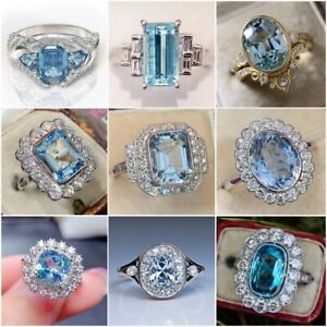 925 Silver Women Jewelry Blue Cubic Zirconia Wedding Bridal Rings Gift Size 6-10