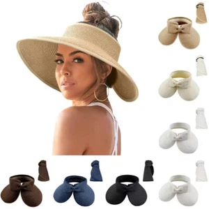 Straw Hat Women Foldable Hats,Sun Visors Wide Brim Ponytail Summer Beach Hat UK - Picture 1 of 19