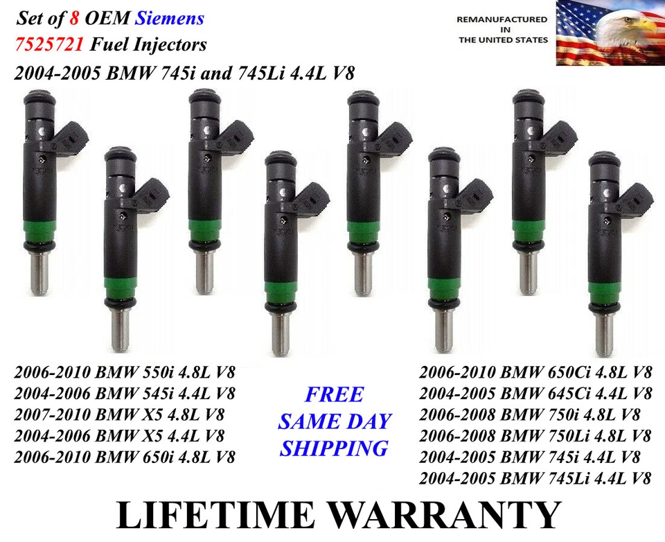 Upgrade 8x OEM  Siemens Fuel Injectors For 2004-2005 BMW 745i and 745Li 4.4L V8 - Image 1 of 1