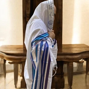 Scialle uomo uomo lana tallit righe colorate moderno design unico preghiera ebraica - Foto 1 di 13
