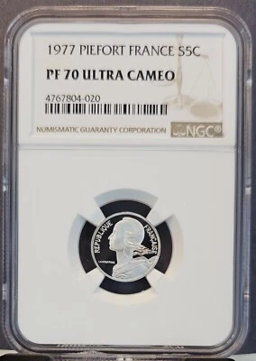 Francia 1977 plata 5 céntimos S5C Piefort NGC PF 70 ultra camafeo perfección pop 1 Foto 1 de 3