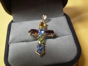 10K Yellow Gold Ladies 6 Gemstone Cross Pendant        2.3 Grams - Picture 1 of 3
