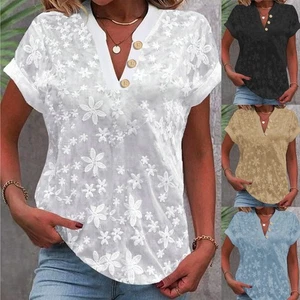 Women Button V-neck Shirts Blouse Casual Summer Short Sleeve Tops Tee Shirt Size - Picture 1 of 13