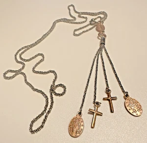 Collar Rosario Religioso Italia Plata de Ley Lariat Multi Cruz Medalla Dos Ton - Imagen 1 de 14