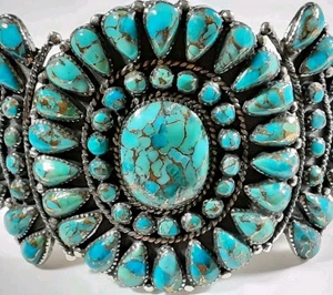 925 STERLING LARGE 67 STONES FLOWER CLUSTER MATRIX TURQUOISE 5 3/4" BRACELET 46g - Picture 1 of 6