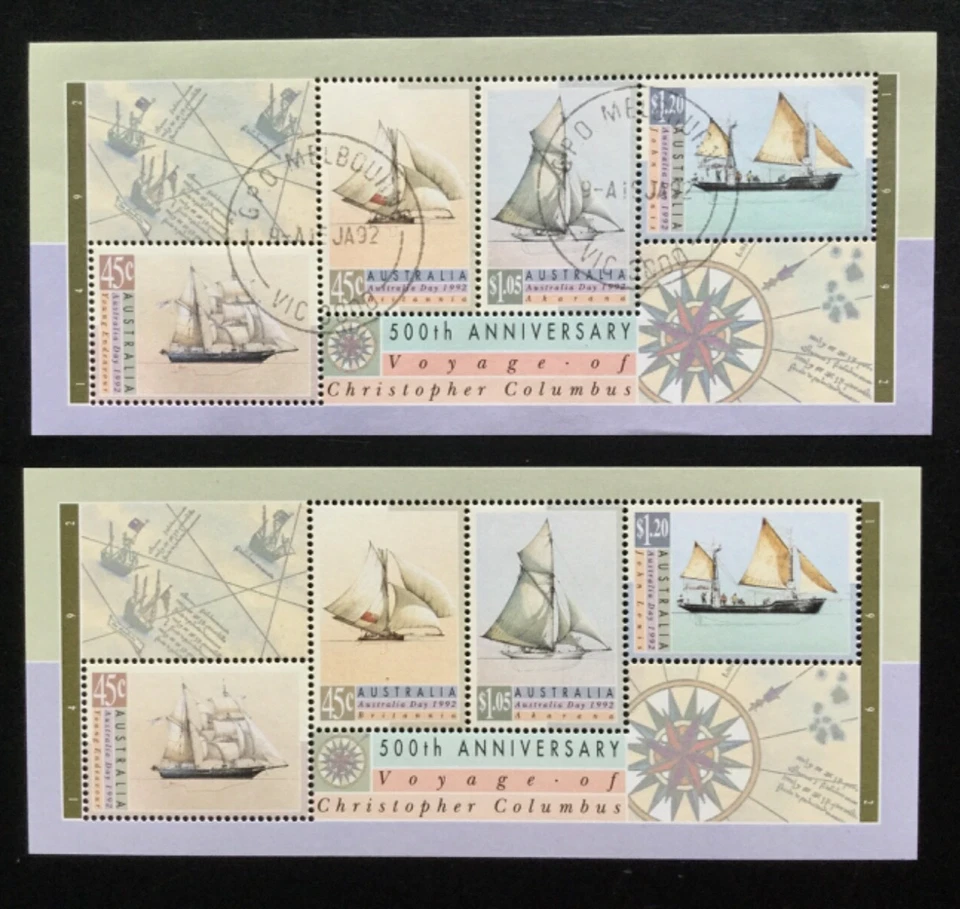 AUSTRALIA 1992  Christopher Columbus M/S x 2 MNH + VFU  (A22) - Image 1 of 1