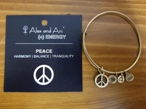 Alex and Ani Peace Sign Crystal Charm Gold Bangle Bracelet - Picture 1 of 4