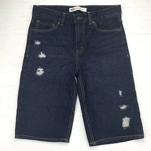 Levis 505 Shorts Boys Size 16 W28 Blue Dark Wash Reg Fit Distressed 12" Inseam - Picture 1 of 14