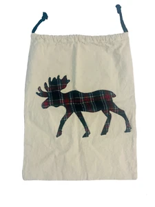 Large Cotton Canvas Gift Sack Bag Flannel Plaid Moose Applique Holiday Wrap 25" - Picture 1 of 8