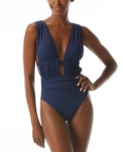 Carmen Marc Valvo Women's Ruched Cut Out One Piece Swimsuit Solid Blue Size 8 - Picture 1 of 2