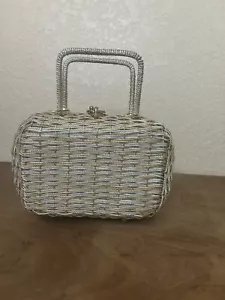 Vintage Woven Gold Silver Metal Metallic Shimmering Gold Lined Clutch Handbag - Picture 1 of 6