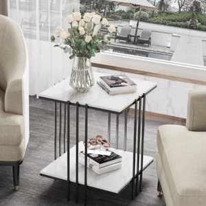 Art Line Metal Frame Coffee Table Side End Table Solid Marble Top Bedside Table - Picture 1 of 16