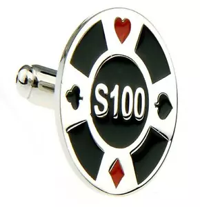 Poker Chip Paar Manschettenknöpfe schwarz silber 100 $ Hochzeit Geschenkbox & Poliertuch - Bild 1 von 3