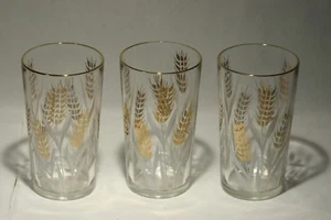 3 Mid Century Gold and White Wheat Drinking Glasses 5'' Tall - Picture 1 of 8