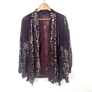Burned Velvet Asymmetrical Hem Open Front Kimono Duster Sz L Beach Cover Up Top - Picture 1 of 8