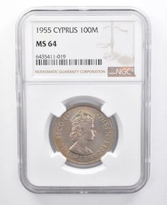 1955 Cyprus 100 Mils MS64 NGC Rainbow Tone *7667 - Picture 1 of 3