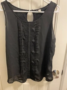 Lace Front Black Top L Tank Sleeve Blouse Large Lg Shirt  - Picture 1 of 8