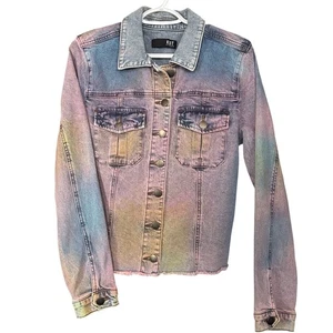 Kut From The Kloth Kara Frayed Hem Tie Dye Denim Trucker Jacket Women's Large - Picture 1 of 5