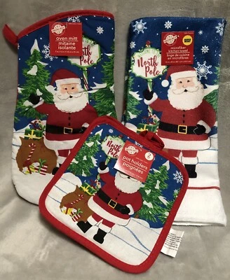 NEW Santa Claus North Pole Oven Mitt / Potholders / Dish Towel 3pc Kitchen Set - Image 1 of 4