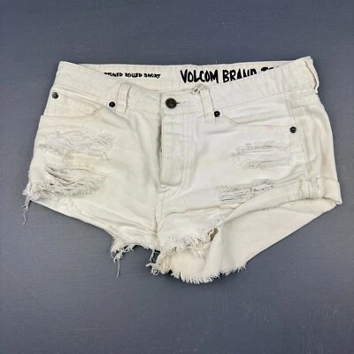 Volcom Shorts Women’s Size 26 White Distressed Denim Jean Frayed Hem Button Fly - Image 1 of 4