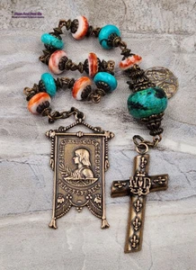 Jeanne d'Arc Michael Sacred Heart Spiny Oyster Turquoise Vintage Bronze Chaplet - Bild 1 von 4