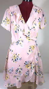 Lush Dress Cottagecore Wrap Tie Pastel Pink Lined Ruffle Floral Midi Sz M - Picture 1 of 10