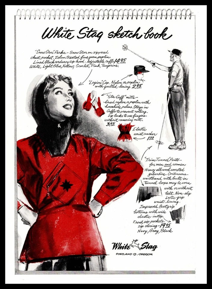 1954 年白色 Stag 波特兰俄勒冈滑雪服“雪星”派克大衣素描书印刷广告 — 第 1/1 张图片