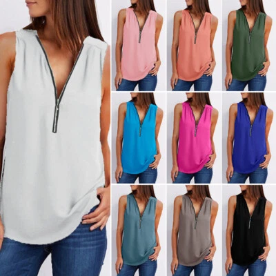 Womens Summer V-neck T Shirts Chiffon Sleeveless Zipper Blouses Solid Color Tops - Image 1 of 4