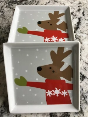 Crate & Barrel Joan Anderson Reindeer Porcelain Appetizer Dessert Plate Set 10 - Image 1 of 4