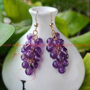 6mm Natural Purple Amethyst Round Gems Beads Grape Eardrop Gold Hook Earrings - Picture 1 of 12