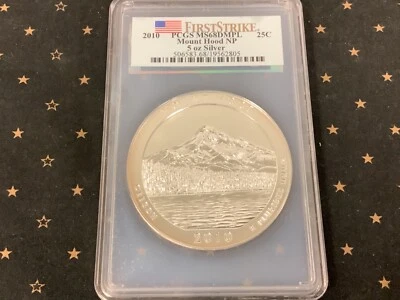 2010 5oz Silver Mount Hood National Park ATB First Strike Graded PCGS MS68 DMPL! - Image 1 of 4