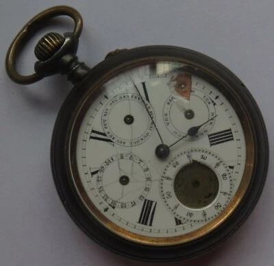 Triple Date & Moon Phase Pocket Watch open face gun case enamel dial  - Image 1 of 4