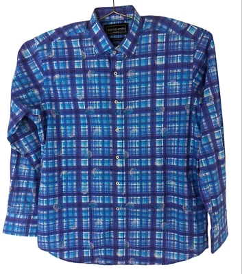 Camisa de Vestir Informal David Smith Clásica Para Hombre XL Azul Floral A Cuadros Botón Delantero Foto 1 de 4