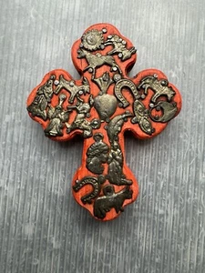 ARTE POPULAR MEXICANO 5” Cruz Milagros Madera Pintado a Mano Rojo Sagrado Corazón Milagro - Imagen 1 de 6