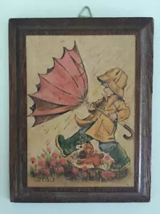 Vtg Wooden Plaque Wall Hanging Boy Raincoat Umbrella walking Puppy Dog N. Clark - Picture 1 of 12