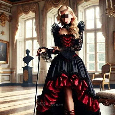High Low Gothic Vampire Wedding Dress Ruffles Black And Red Flare Long Sleeves - Image 1 of 4