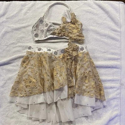 Disfraz de baile solo lírico de 2 piezas de diamantes de imitación blancos de encaje dorado personalizado CM Foto 1 de 4