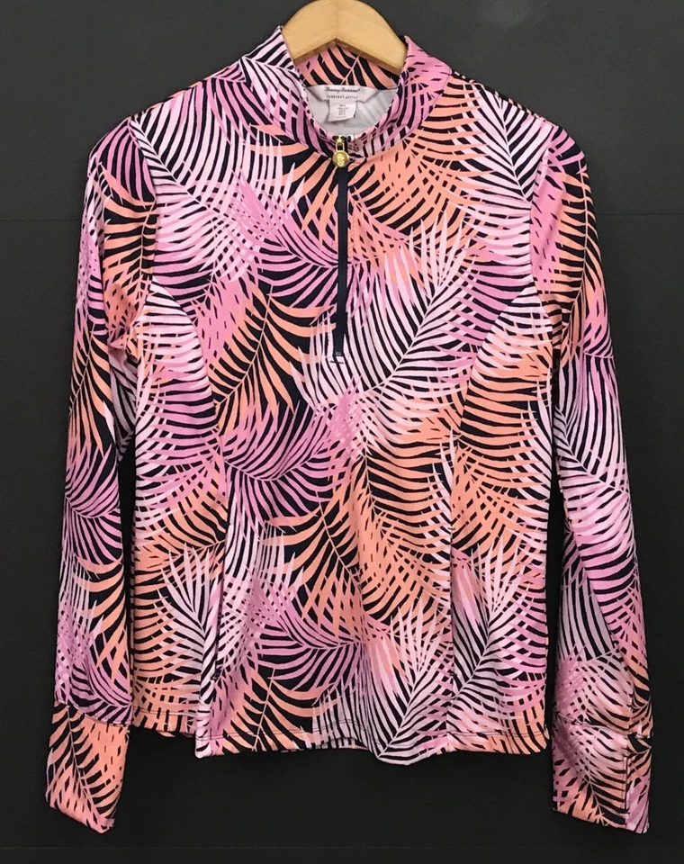 Pulôver de golfe feminino Tommy Bahama Everyday Active 1/4 zíper estampa tropical tamanho G - Imagem 1 de 4