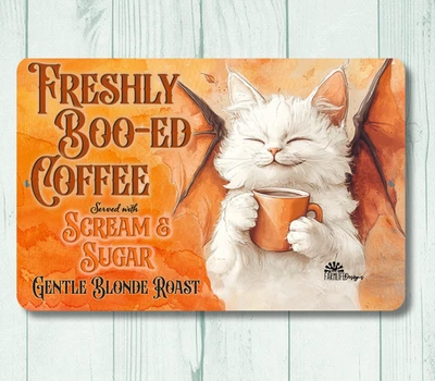 Белый кот Хэллоуин свежий boo-ed кофе знак бар металлический олово пушистый котенок подарок - Изображение 1 из 4