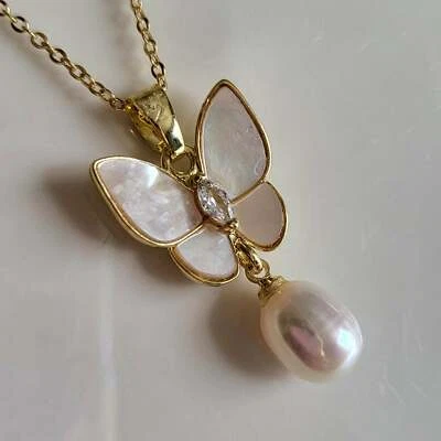 14K Gold Plated S925 Silver Natural Freshwater White Butterfly Water Drop 8mm Pe - Image 1 of 4