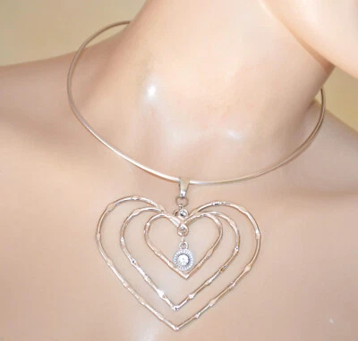 Collana donna girocollo argento ciondolo cuore strass cristallo halskette D105 - Immagine 1 di 2