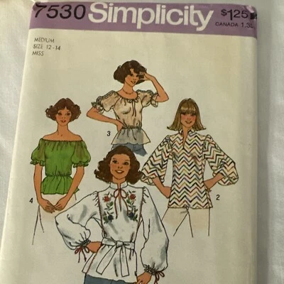 70’s Simplicity Misses Tops Hippie Hobo Sewing Pattern 7530 Uncut Sz 12-14 - Image 1 of 4